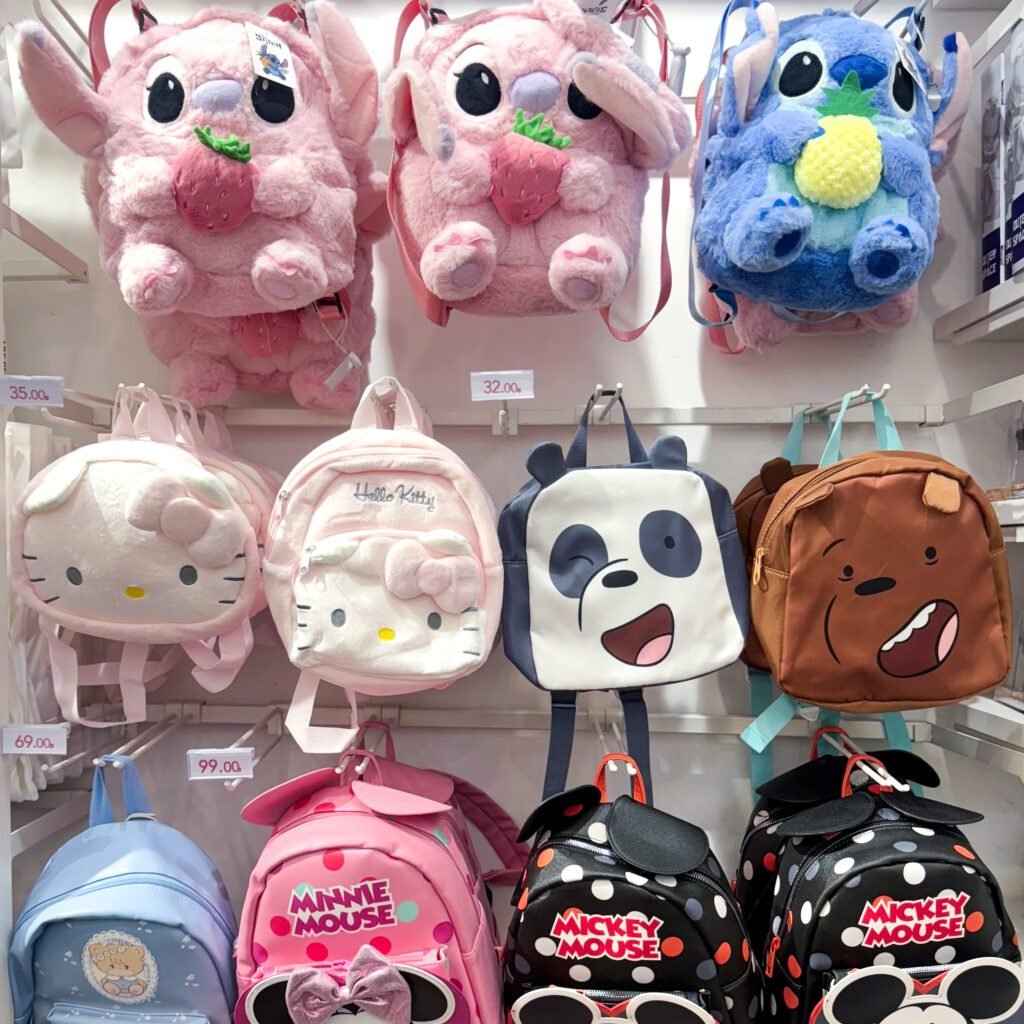 back to school with miniso uae backpacks- mickey mouse, we bare, stitch backpack